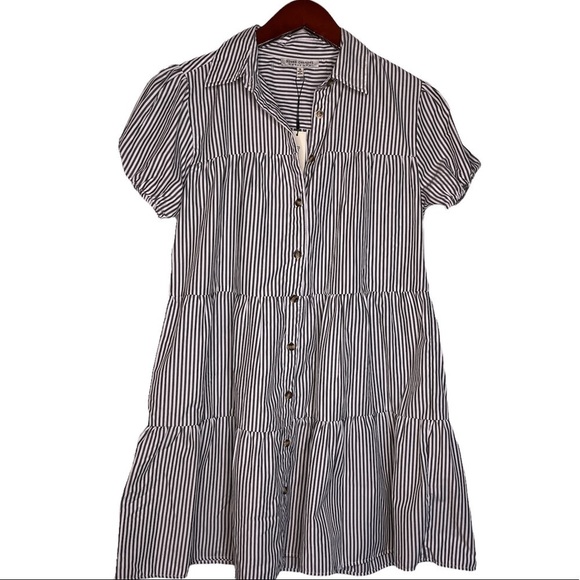 SPEED CONTROL NWT Tiered Puff Sleeve Striped Button Down Dress Size Small - Picture 1 of 13